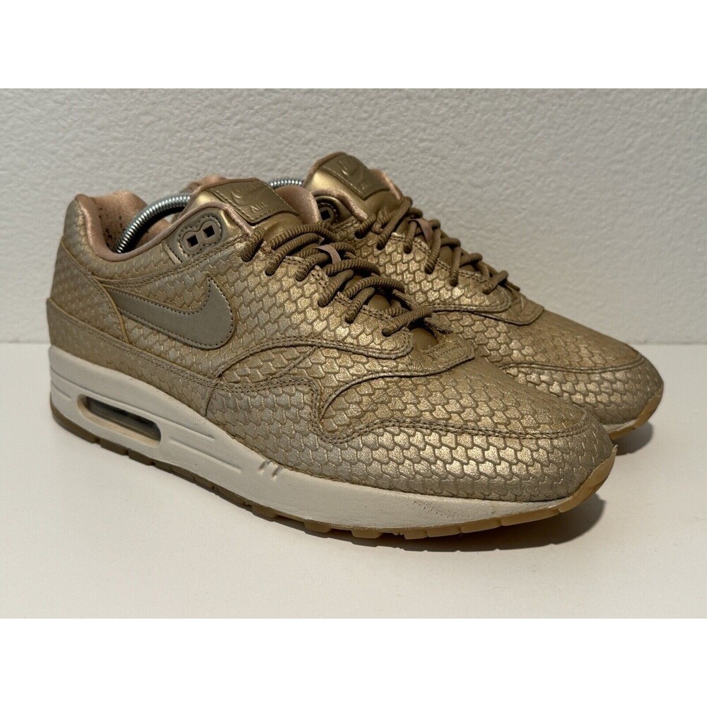 Nike Air Max 1 Womens Running Shoes Sz 12 Premium Gold Fish Sneakers 454746-900 - Picture 8 of 16